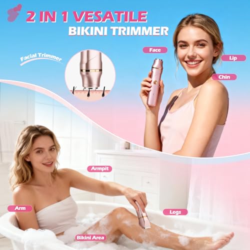 2 in 1 Electric Shaver for Women, Dry/Wet Use for Bikini, Armpit, Face & 12 Precision Areas, Rechargeable Purple Shaver with Detachable Head, Golden Purple