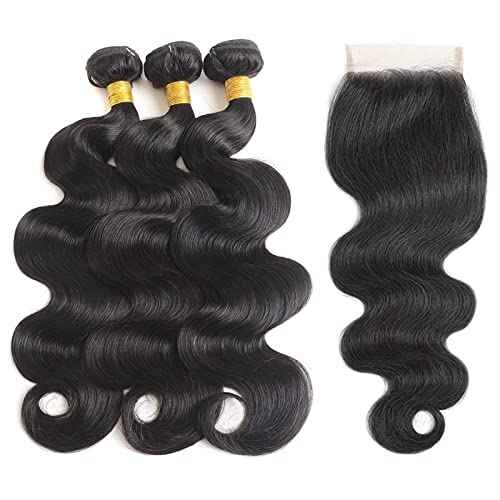 Bundles with Closure Human Hair Body Wave 12 14 16+10 Inch 100% Unprocessed Brazilian Virgin Hair Extensions 3 Bundles with 4x4 Free Part Lace Closure Natural Black