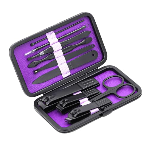 Glamne Purple Manicure Set 10-in-1 Nail Clipper & Care Tools with Leather Travel Case