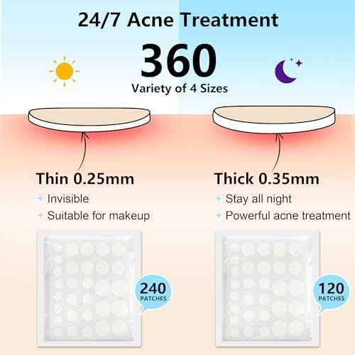Invisible Pimple Patches for Face,Day and Night 4 Sizes 360 Counts Thin & Thick Hydrocolloid Acne Patches for Face and Skin, Zits Absorbing Patch, Covering Zits and Blemishes, Spot Stickers