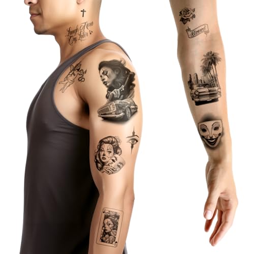 Los Vatos Chicano Bundle - 8 Sheets Cholo and Chola Temporary Tattoos - Payasa, Lowrider, Virgin Mary, Prayer, Cross, Chicana, Gangster, Fake Tattoo, D?a de Muertos, Tatuajes Temporales