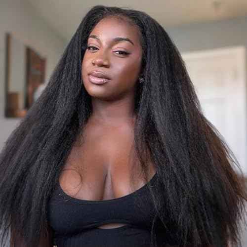 Nvnvdij Kinky Straight Half Wig Human Hair 200% Density Wear Go Glueless Wigs Human Hair 22 Inch Kinky Straight 3 In 1 Half Wigs for Women Drawstring Seamless Flip Headband Wig Beginner Friendly