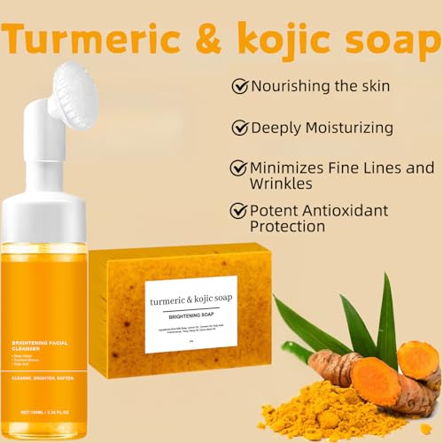 Turmeric Wash and Care Two Piece Set,Turmeric Facial Cleanser & Soap Bar,Face & Body Cleanser, Face Wash and Natural Handmade Soap,for All Skin Types£¬Bring a Bubble Net