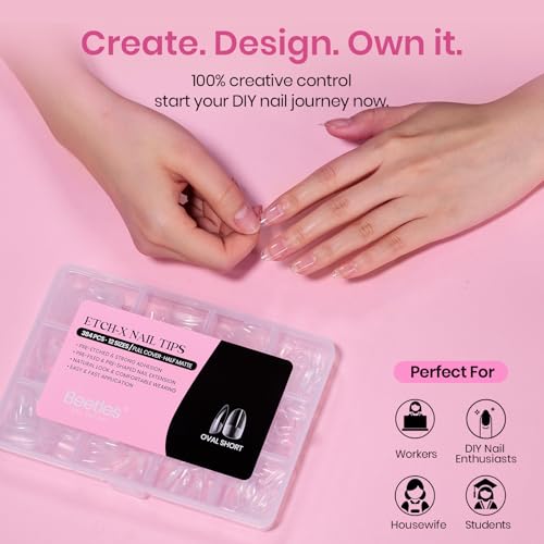 Beetles Oval Short Gel Nail Tips A- 384pcs, 12 Sizes, Pre-Etched, No Shaping Needed