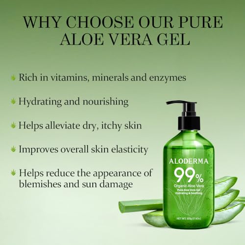 Aloderma Aloe Vera Gel 17.6oz - Organic, Non-Sticky for Face & Hair