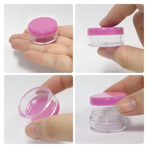 50 New Empty 5 Grams Acrylic Clear Round Jars - BPA Free Containers for Cosmetic, Lotion, Cream, Makeup, Bead, Eye shadow, Rhinestone, Samples, Pot, Small Accessories 5g/5ml (PINK LID)