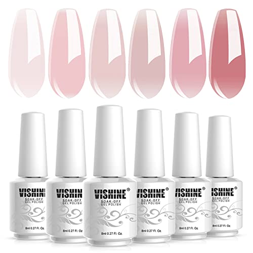 Vishine Nude Gel Polish Kit, Sheer Milky Pink Jelly Transparent Nail Polish UV LED Gel Nail Polish Varnish Nail Art DIY Saon 6Pcs 8ML