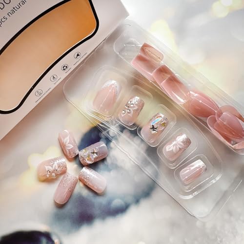 Short Square French Tip Press on Nails - White Flower & Star Design (24 Pcs)