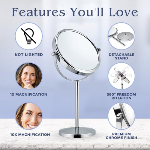 Mirrorvana 10X Magnifying Makeup Mirror - Chrome Tabletop Stand