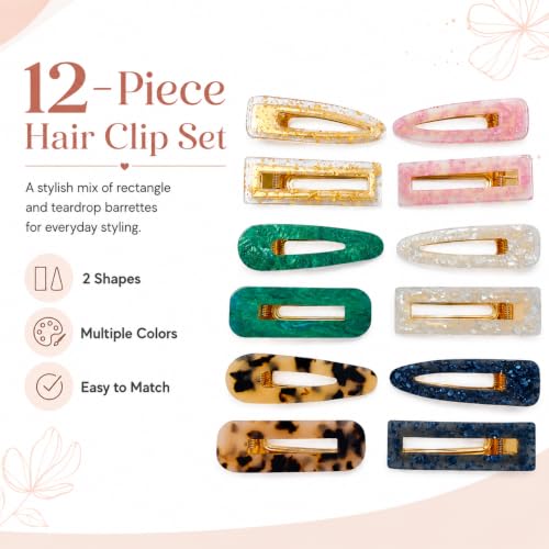 12-Piece Marble Hair Clip Set - Medium Acrylic Barrettes for Women