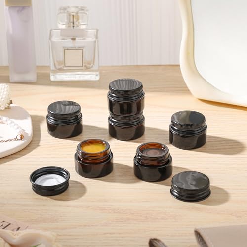 24 pack 5ml Amber Glass Cosmetic Jars with Black Metal Lids Empty Lip Balm Containers with Inner Liner Tiny Sample Jar with Label for Wax Salve Lotion