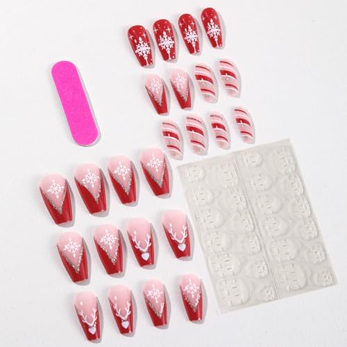 24Pcs Christmas Press on Nails Fake Nails with French Snowflake Design Red and White Coffin False Nails Xmas Snowflakes Manicure Acrylic Artificial Full Nail Tips for Women Glitter Nail Art Decoration