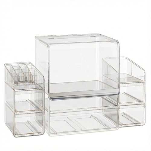 Makeup Organizer for Vanity With Lid, Stackable Cosmetics Organizer and Storage,Dustproof Clear Acrylic Makeup Organizer (Large + Drawer box + Lipstick Organizer)