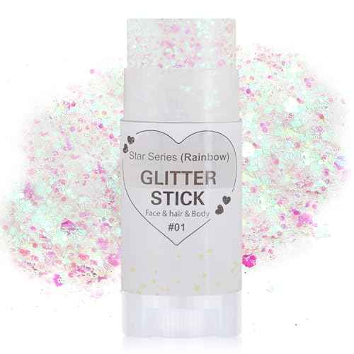 Rainbow White Hair Glitter Stick,Mermaid Fairy Costume Body Face Glitter, Singer Concert Halloween Star Glitter Makeup for Kids and Women,Waterproof Sequins Rave Accessories White Face Paint