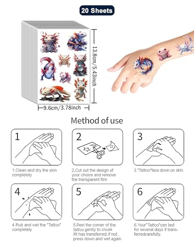 156 Axolotl Temporary Tattoos - 20 Sheet Party Pack