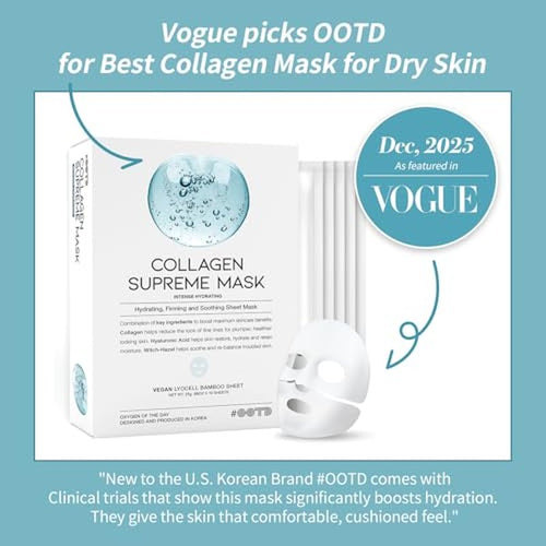 #OOTD Collagen Hydrating Sheet Masks for Face Korean Anti Aging Mask Sheet for Dry Skin & Sensitive Skin, EVE Vegan, Not Tested on Animals, No Parabens, No Sulfates, Hyaluronic Acid, Witch Hazel 10EA