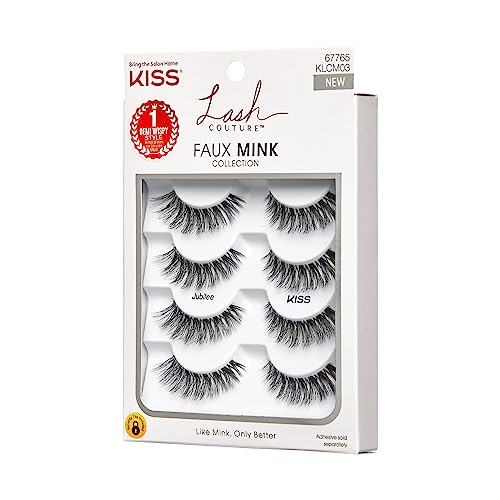 KISS Lash Couture, False Eyelashes, 'Jubilee', 10 mm, Includes 4 Pairs Of Lashes, Contact Lens Friendly, Easy to Apply, Reusable Strip Lashes, Glue On