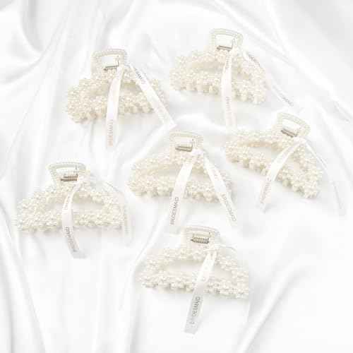 DEEKA Bridesmaid Proposal Gifts 8 Pack Pearl Bridesmaid Hair Claw Clips with Ribbon 3.7 Inch Large Hair Clips Bachelorette Party Favors Bridal Party Present Hair Accessories (Half Circle L)