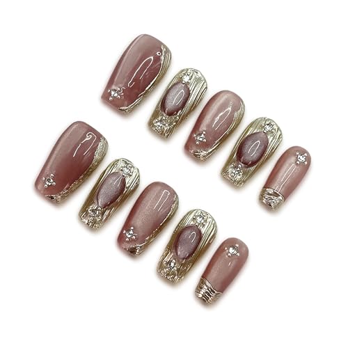 Yabonica Handmade Press On Nail Ballerina Short,Red Fake Glue On Nail,Long Lasting Nail Tip 10 Pcs, Charms Cute 3D Design Nail Art with Storage Box (Dark Pink, S)