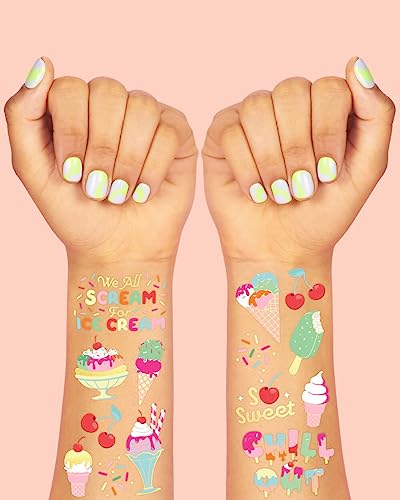 Ice Cream Birthday Party Temporary Tattoos for Kids - 56 Glitter Designs