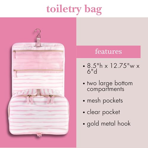 kate spade new york Hanging Toiletry Bag, 8.5" x 12.75" x 6" Travel Organizer with Gold Hook, 2 Large Bottle Compartments, Mesh & Clear Pockets, Nylon & Mesh (Goddess Stripe)