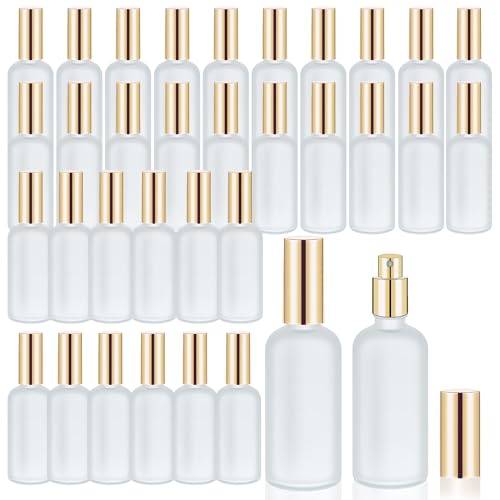 32 Pcs Glass Spray Bottle - Empty Frosted Reusable Perfume Bottle Cosmetic Container With Fine Mist Sprayer Pump for Travel Face Body Sprays (Light Gold)