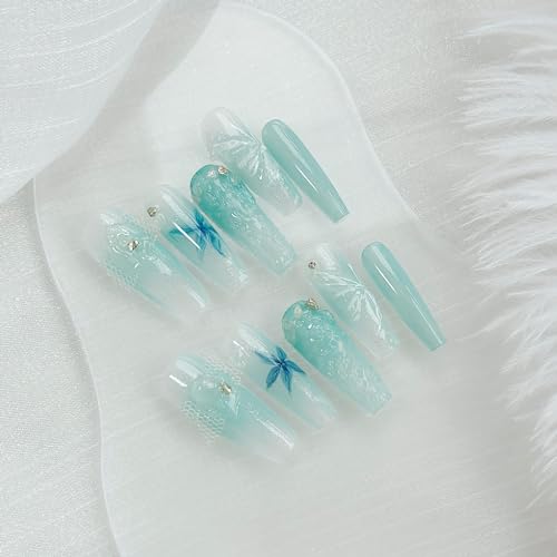 LARSOOY Nails Handmade Press on Nails Long Coffin | Handmade Nails with Mint Mambo Crystal Butterfly | Reusable Fake Nails for Cool Summer | False Nails 10 Pcs (Blue Dreamscape, S)