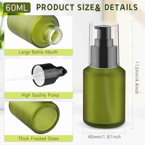 6 Pcs Empty Glass Pump Bottles Refillable Cream Lotion Bottles Travel Sample Bottles Cosmetic Dispenser Bottles Containers For Lotion Cream Emulsion Essence (Green, 60ml/2oz)