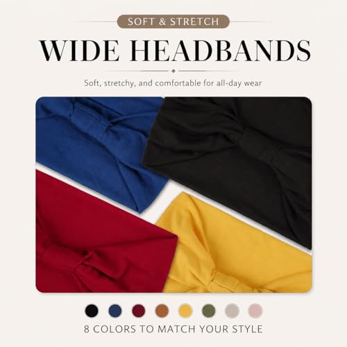 8-Pack Wide Boho Headbands for Women - Non-Slip Elastic