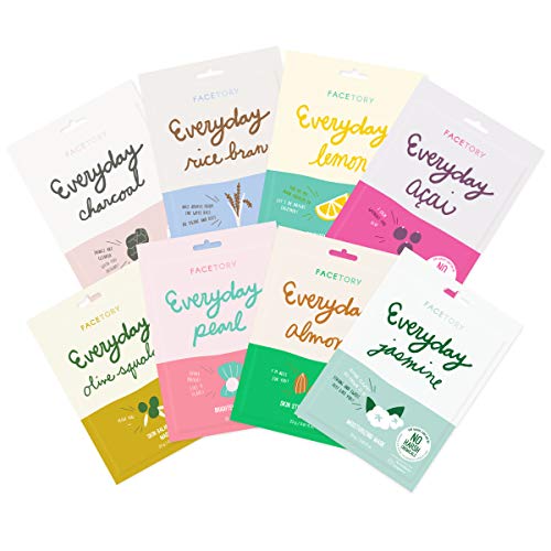 FACETORY K Beauty Face Mask Skin Care - EVERYDAY 8 COLLECTION Sheet Mask Set | Natural Premium Korean Face Mask For All Skin Types - No Sulfates No Parabens (8 pc)