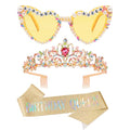 Birthday Queen Party Set: Rhinestone Crown, Sash & Heart Glasses