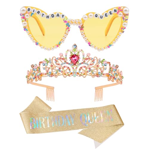 Birthday Queen Party Set: Rhinestone Crown, Sash & Heart Glasses