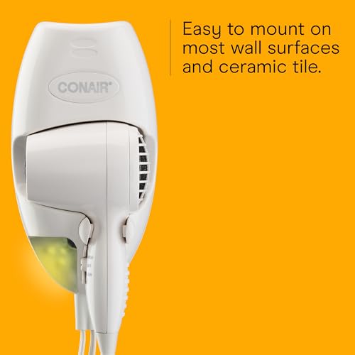 Conair Wall-Mount Hair Dryer, 1600W Blow Dryer with LED Nightlight, 2 Heat 2 Speed Settings, White