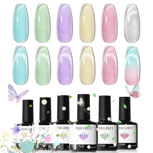 Modelones Gel Nail Polish Set 6 Colors B Jelly Pastel & Cat Eye, Long Lasting