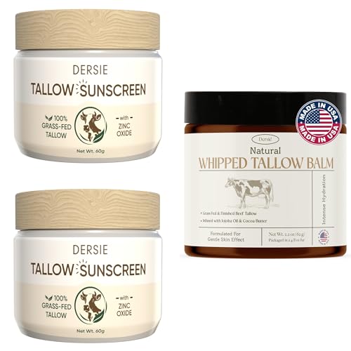 Dersie Tallow Skincare Bundle ? 2-Pack Tallow Sunscreen with Zinc Oxide + Whipped Tallow Balm ? 100% Grass-Fed, All-Natural Moisturizer & Sun Protection for Dry, Sensitive Skin ? Made in USA