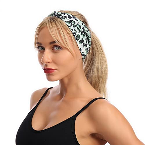 Woration Headband Yoga Leopard Print Cross Wide Elastic Headwear Head Wrap Hairband Twist Turban Knot Headwrap Hair Accessories for Women, Girls - Green