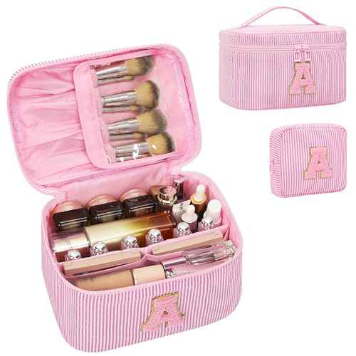 Initial Makeup Bag Set for Girls&Women,Monogram Cosmetic Bag with Brush Holder,Personalized Make Up Case for Girlfriend Graduation Teacher Gifts,Cute Toiletry Bag Preppy Chenille Letter Patch,Pink A