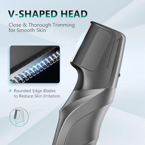 Body Hair Trimmer for Men - Manscape Beard Trimmer for Men, Christmas Gift V-Shaped Trimming Head 2 Comb Attachments Mens Groin & Pubic Hair Trimmer IPX5 Waterproof Wet/Dry Mens Electric Razor (Gray)