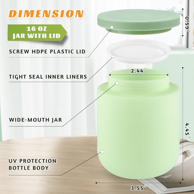 16 oz Plastic Cosmetic Jars with Lids - 2 Pack Green