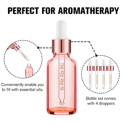 PrettyCare 4 Pack 1oz Rose Glass Dropper Bottles Essential Oils