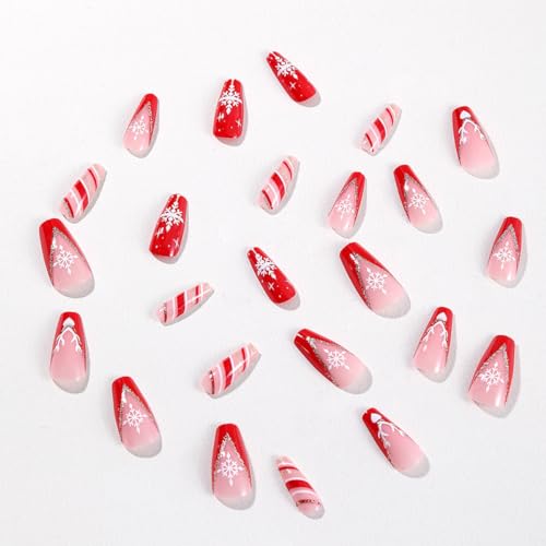 24Pcs Christmas Press on Nails Fake Nails with French Snowflake Design Red and White Coffin False Nails Xmas Snowflakes Manicure Acrylic Artificial Full Nail Tips for Women Glitter Nail Art Decoration