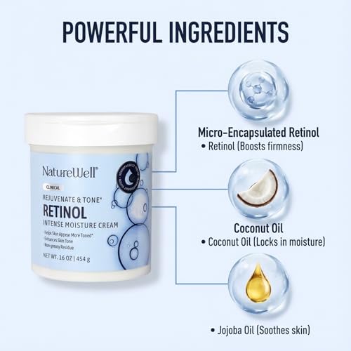 NATURE WELL Clinical Rejuvenate & Tone Retinol Intense Moisture Cream 2.0 for Face, Body, & Hands, Anti-Aging, Targets Discoloration, Wrinkles, Sun Damage, Crepey, & Sagging Skin, 16 Oz