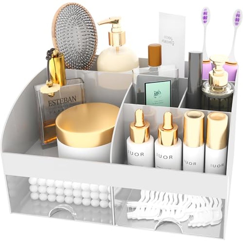 Makeup Organizer with 6 Sections & 2 Drawers, Grey