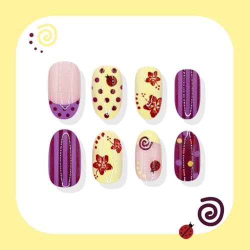 Short Oval Press On Nails 24pc Set, Purple & Yellow