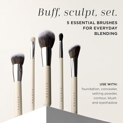 HALEYS Beauty 5-Piece Makeup Brush Set, For Streak Free Application of Liquid, Cream or Powder, Set Includes Kabuki, Powder, Contour, Crease & Lid, Make Up Bag Essentials, Vegan, Gift for Women
