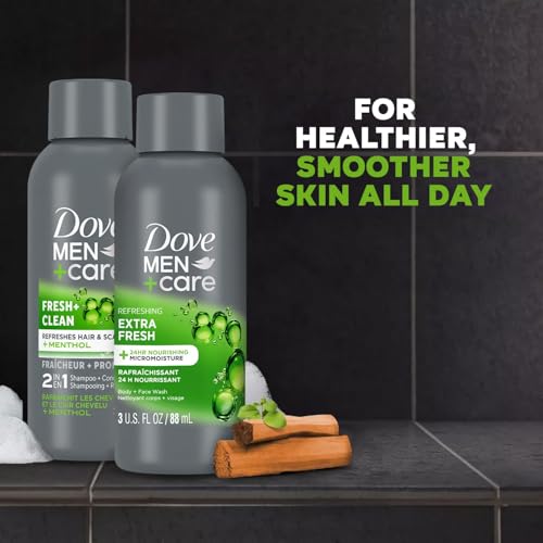 Dove Men+Care Travel Essentials Bundle ??Extra Fresh Body & Face Wash & Fresh + Clean 2-in-1 Shampoo, 3 Oz Ea