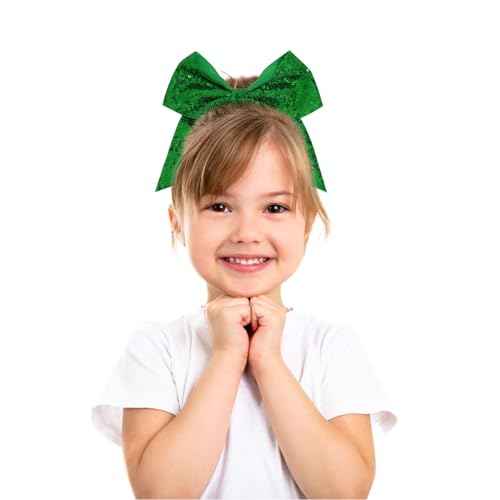 12 Pcs Large Glitter Cheer Bows (Green) - 8" Big Hair Bows for Sports Cheerleaders Accessories, Girls, Teens Women, 12 Count