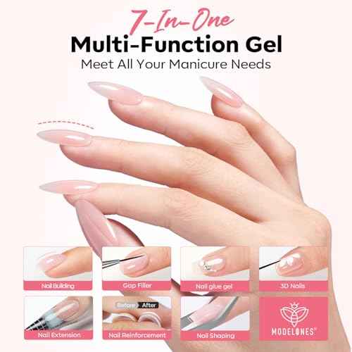 modelones Base Coat Builder Nail Gel, Clear Builder Nail Polish 7-in-One with Detachable Liner Nail Brush LED Lamp Cured Strengthener Color Rubber Base Coat for Apex Building Extension Thickening 10ml