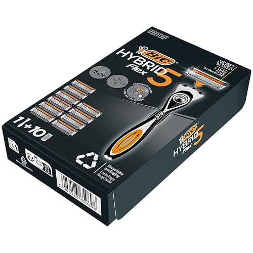 BIC Hybrid 5 Flex Refillable Men's Razor, 1 Weighted Handle and 10 Nano-Tech Titanium 5-Blade Refills with Precision Blade - Bundle of 1+10