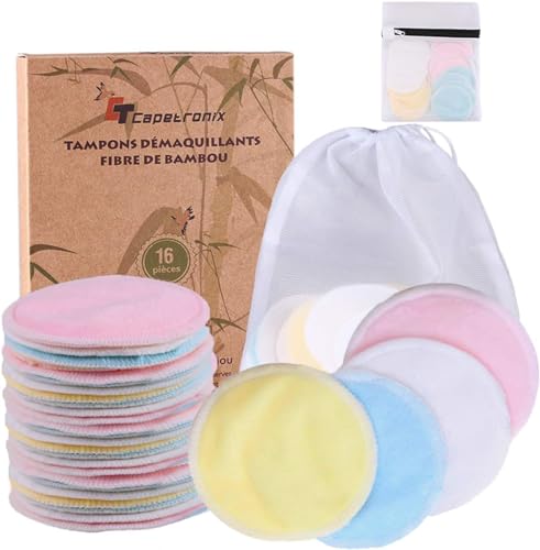 Reusable Bamboo Cotton Makeup Remover Pads - 16 Pack with 2 Storage Bags